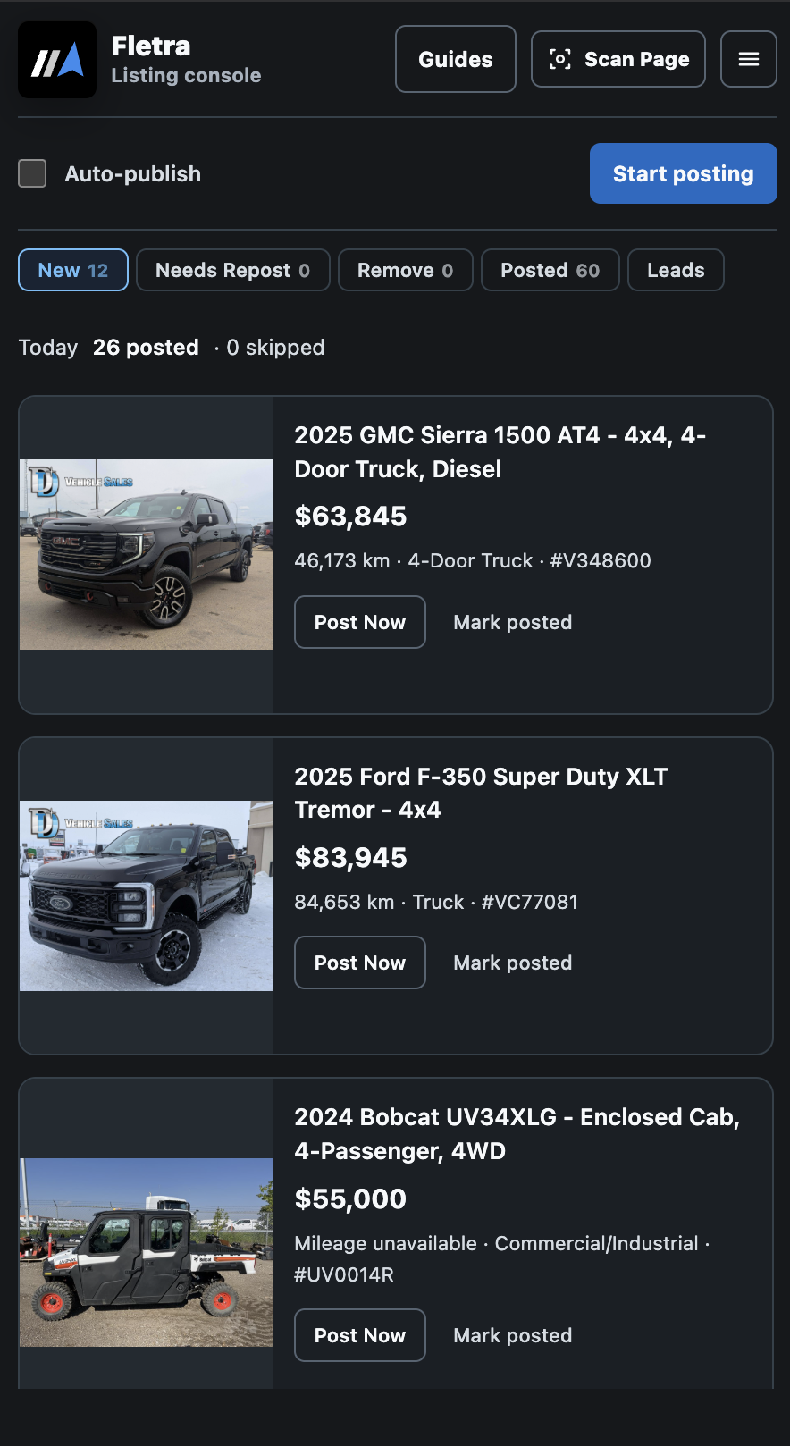 Fletra listing console showing a posting queue with status filters, an auto-publish switch, and vehicle listings with Post Now and Mark posted buttons